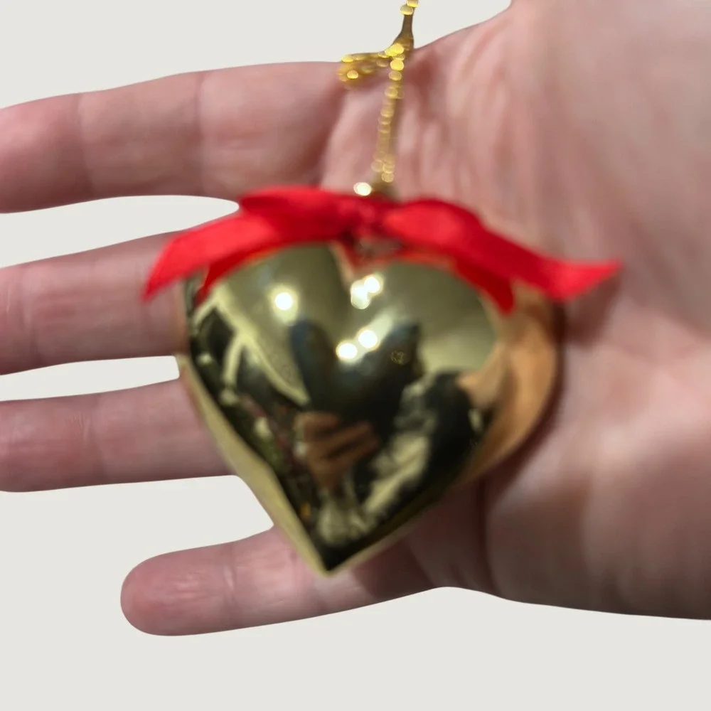 Gold‎ Heart Christmas Ornament with Red Bow Metallic  Holiday Decor